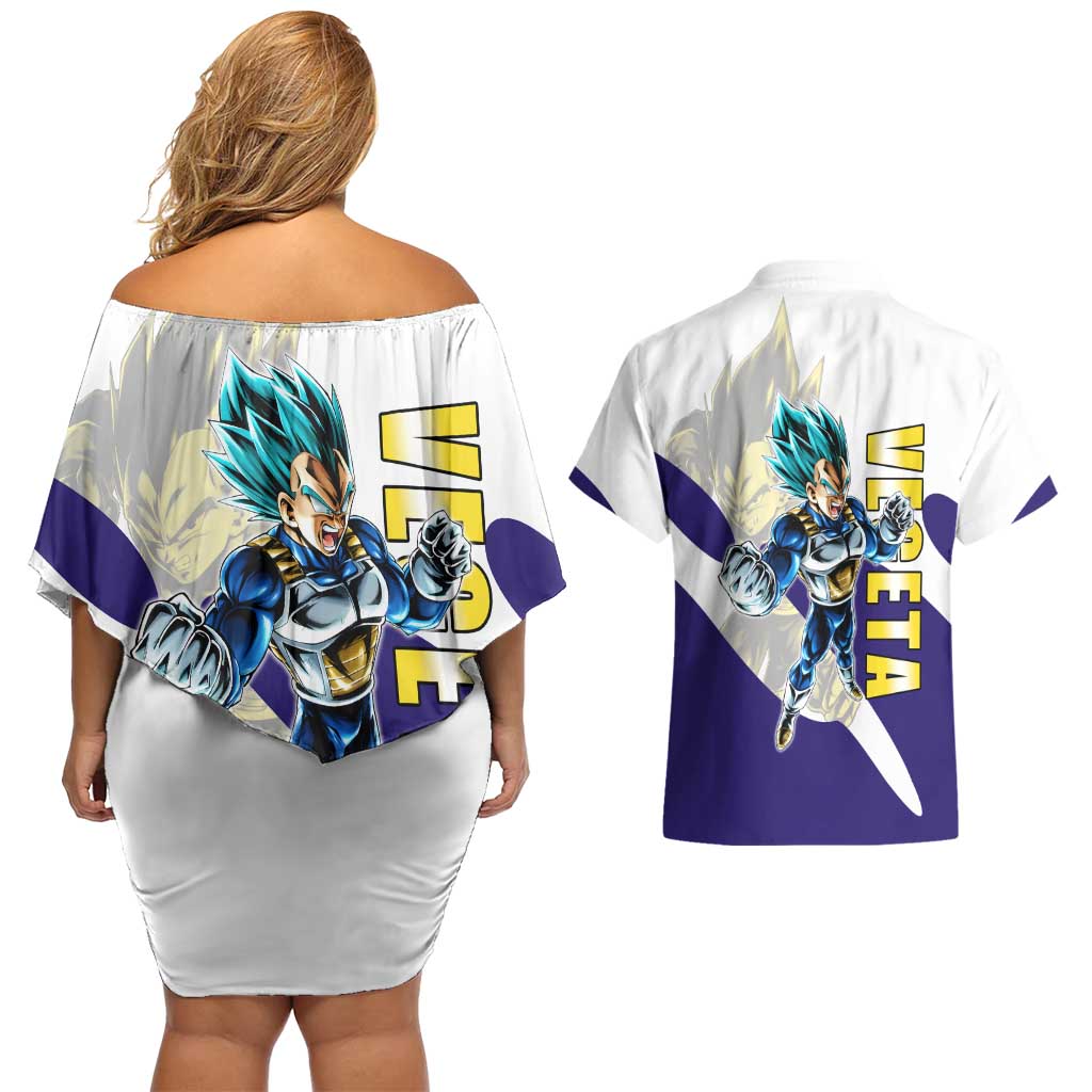 Vegeta Saiyan Warrior Couples Matching Off Shoulder Short Dress and Hawaiian Shirt Bold Anime Combat Style