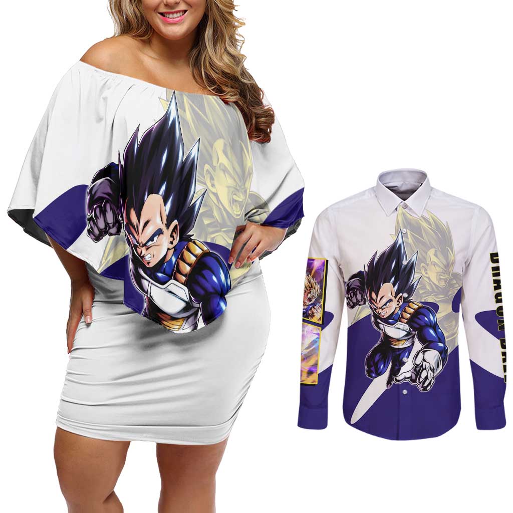 Vegeta Saiyan Warrior Couples Matching Off Shoulder Short Dress and Long Sleeve Button Shirt Bold Anime Combat Style