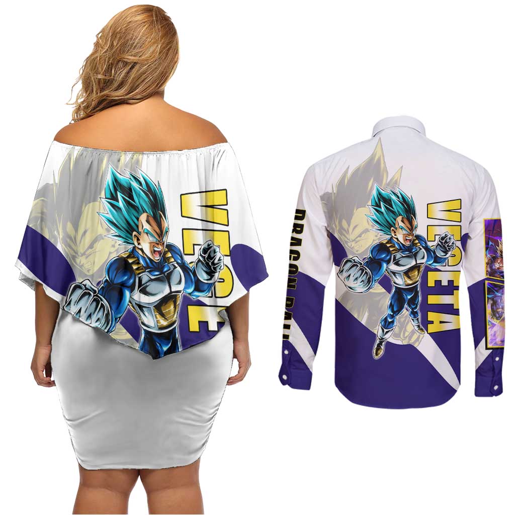 Vegeta Saiyan Warrior Couples Matching Off Shoulder Short Dress and Long Sleeve Button Shirt Bold Anime Combat Style