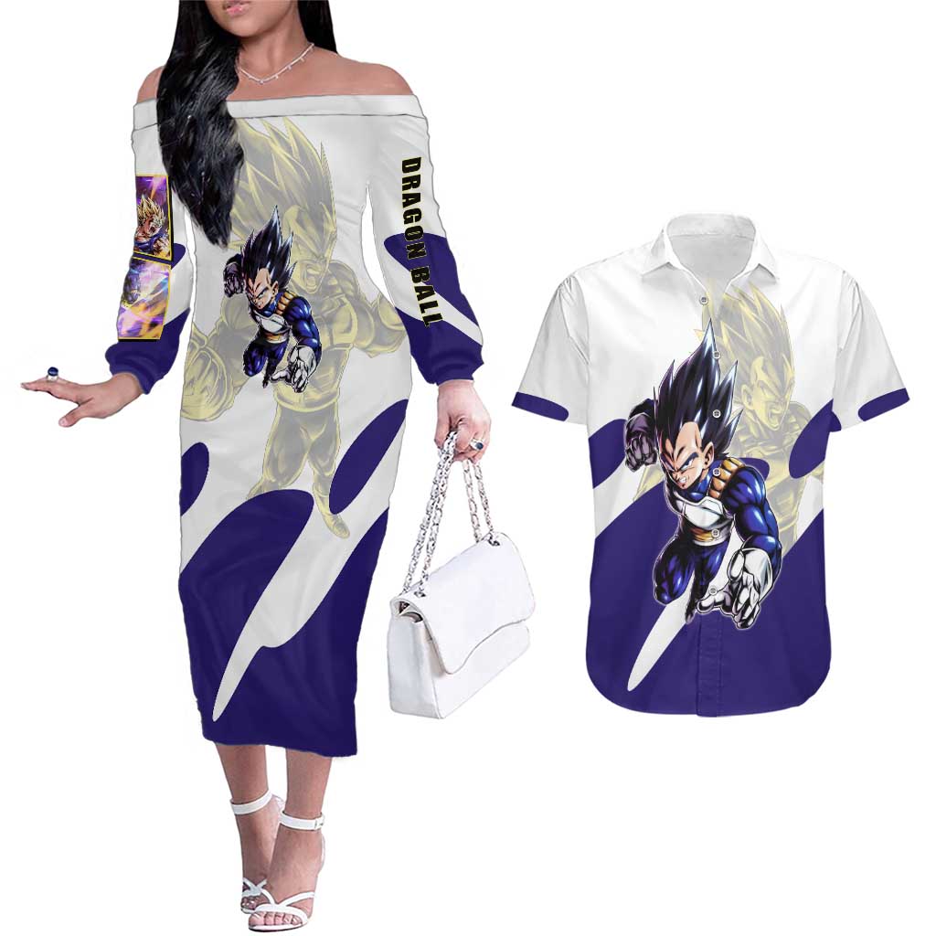 Vegeta Saiyan Warrior Couples Matching Off The Shoulder Long Sleeve Dress and Hawaiian Shirt Bold Anime Combat Style