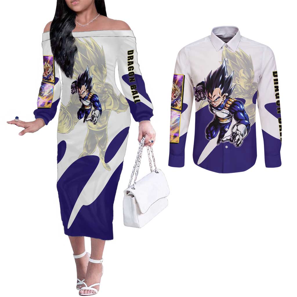 Vegeta Saiyan Warrior Couples Matching Off The Shoulder Long Sleeve Dress and Long Sleeve Button Shirt Bold Anime Combat Style