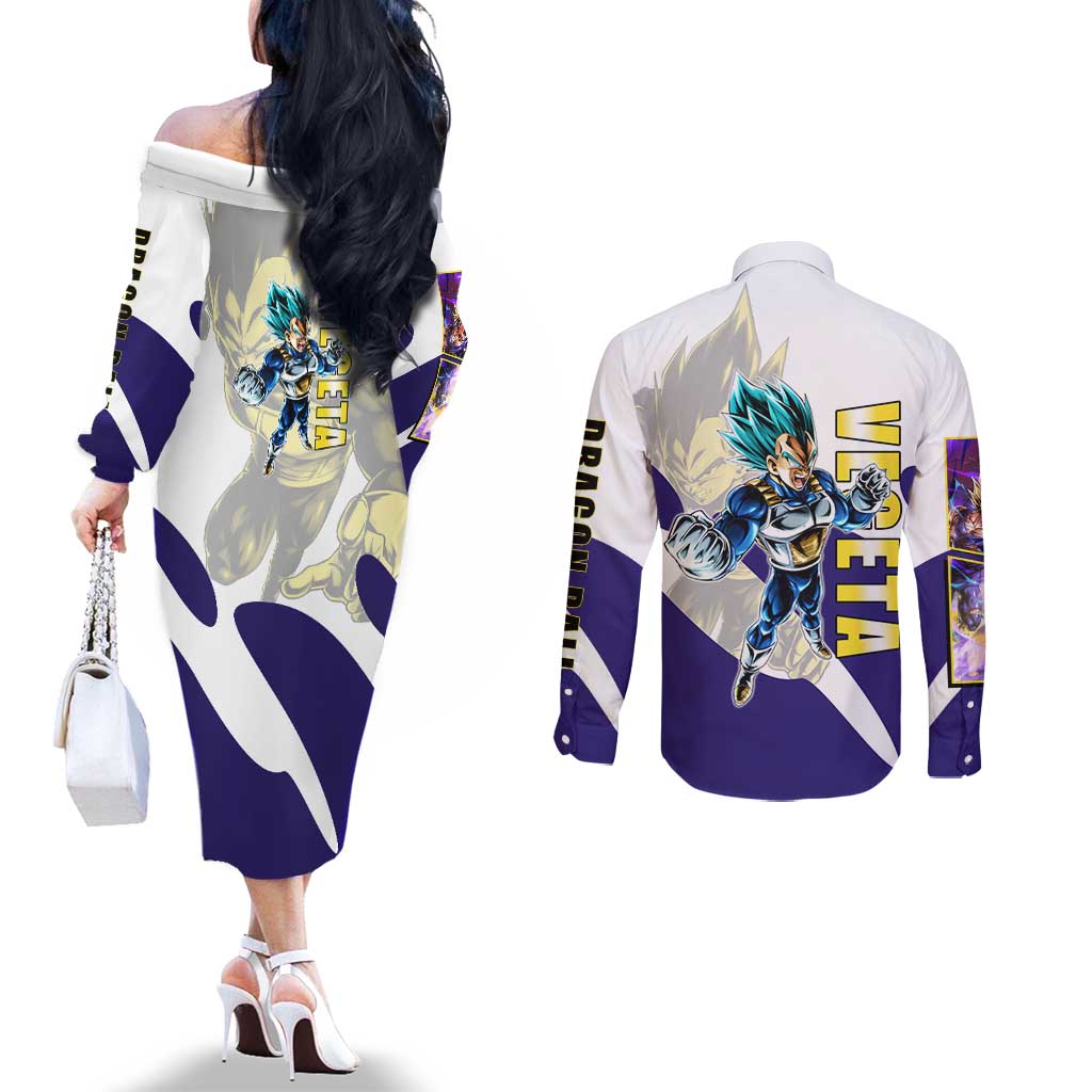 Vegeta Saiyan Warrior Couples Matching Off The Shoulder Long Sleeve Dress and Long Sleeve Button Shirt Bold Anime Combat Style