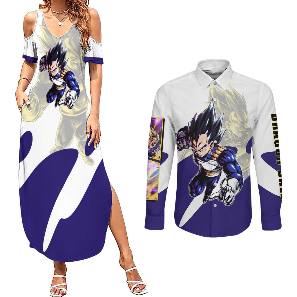 Vegeta Saiyan Warrior Couples Matching Summer Maxi Dress and Long Sleeve Button Shirt Bold Anime Combat Style