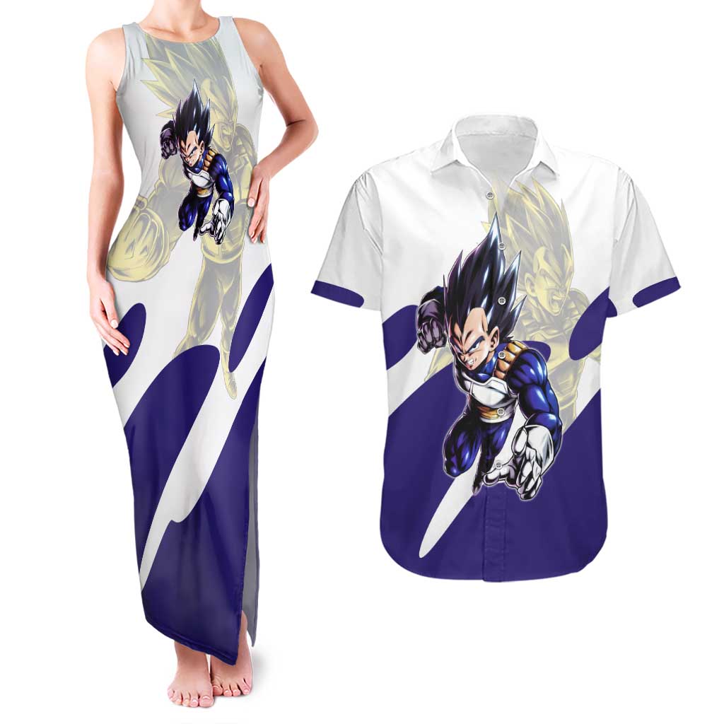 Vegeta Saiyan Warrior Couples Matching Tank Maxi Dress and Hawaiian Shirt Bold Anime Combat Style
