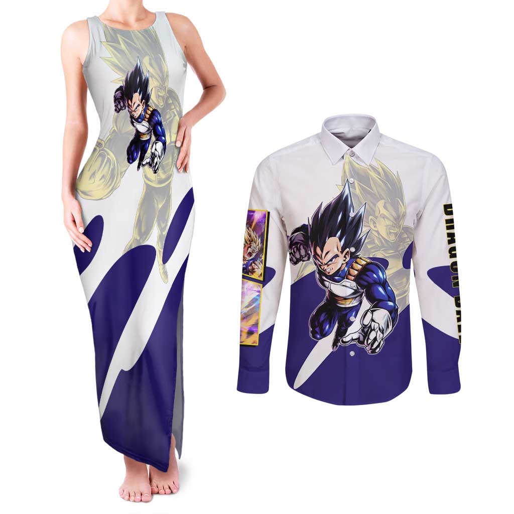 Vegeta Saiyan Warrior Couples Matching Tank Maxi Dress and Long Sleeve Button Shirt Bold Anime Combat Style