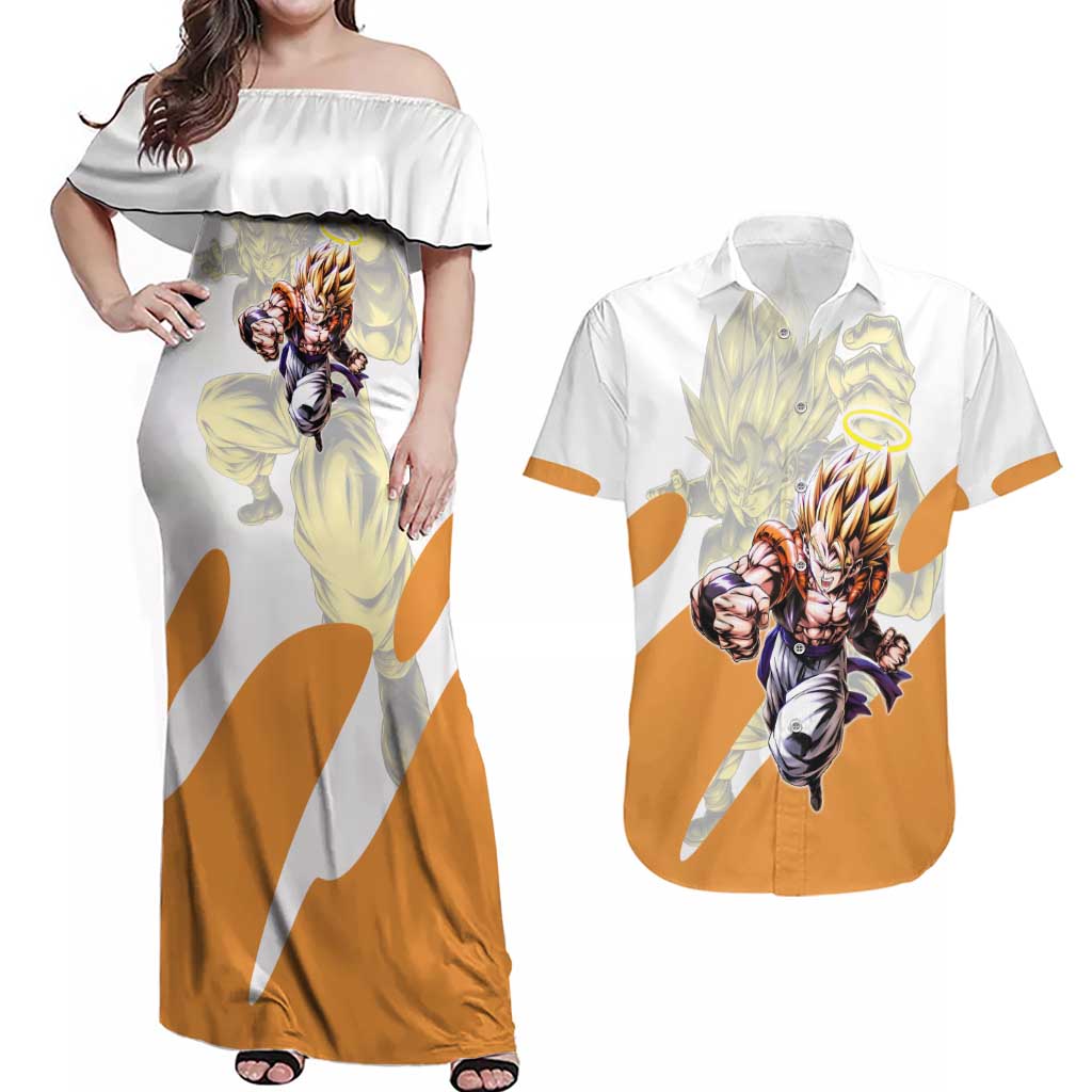 Gogeta Fusion Warrior Couples Matching Off Shoulder Maxi Dress and Hawaiian Shirt Energetic Anime Combat Style
