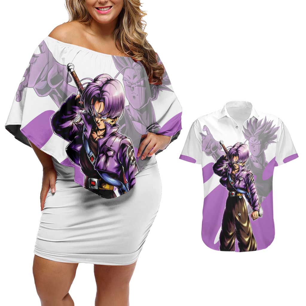 Trunks Time Warrior Couples Matching Off Shoulder Short Dress and Hawaiian Shirt Dynamic Anime Sword Style