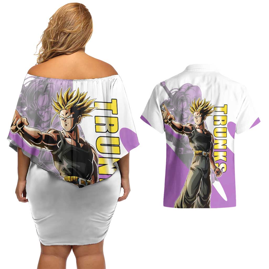 Trunks Time Warrior Couples Matching Off Shoulder Short Dress and Hawaiian Shirt Dynamic Anime Sword Style