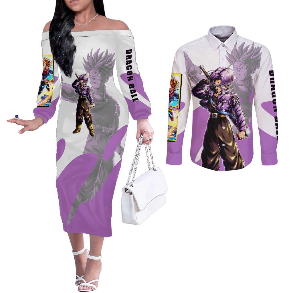Trunks Time Warrior Couples Matching Off The Shoulder Long Sleeve Dress and Long Sleeve Button Shirt Dynamic Anime Sword Style