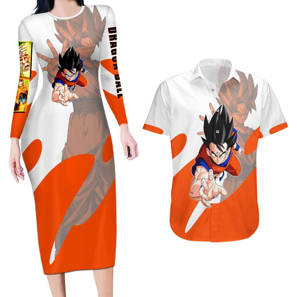Son Goku Kamehameha Legend Couples Matching Long Sleeve Bodycon Dress and Hawaiian Shirt Iconic Anime Battle Style
