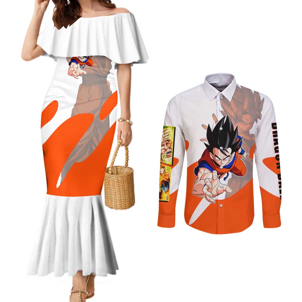 Son Goku Kamehameha Legend Couples Matching Mermaid Dress and Long Sleeve Button Shirt Iconic Anime Battle Style