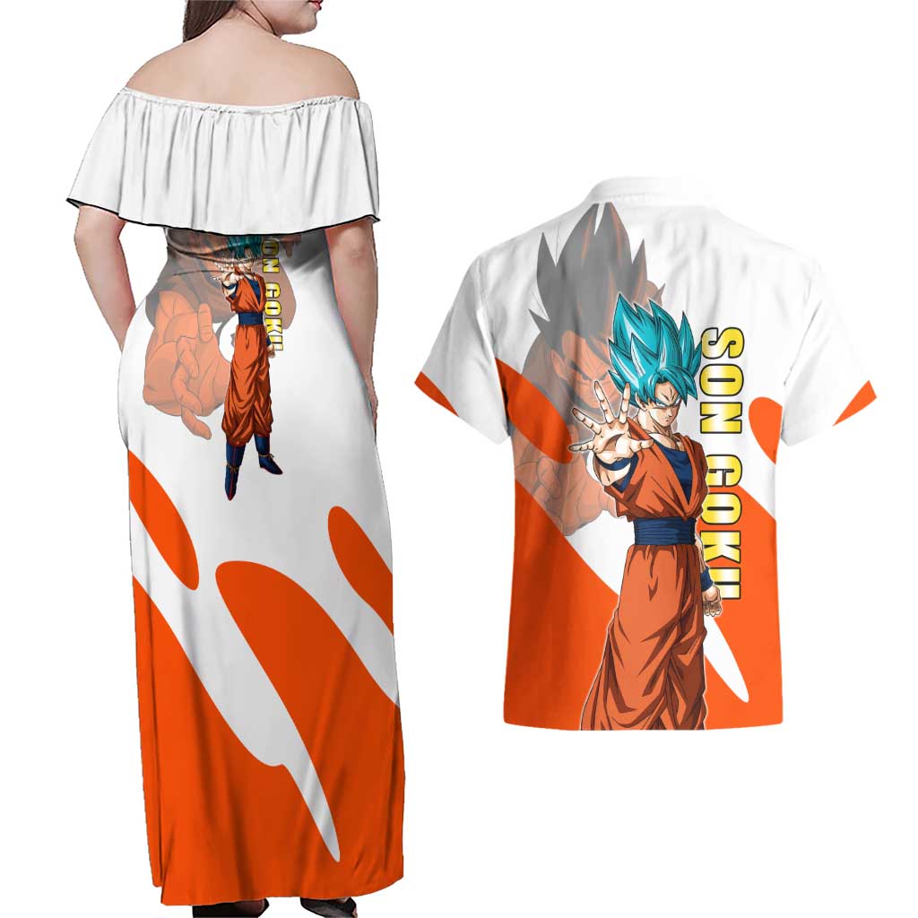 Son Goku Kamehameha Legend Couples Matching Off Shoulder Maxi Dress and Hawaiian Shirt Iconic Anime Battle Style