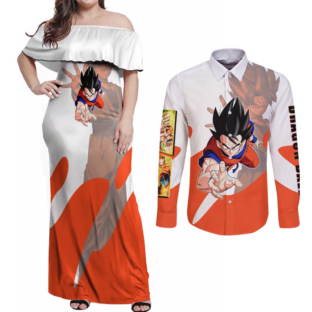 Son Goku Kamehameha Legend Couples Matching Off Shoulder Maxi Dress and Long Sleeve Button Shirt Iconic Anime Battle Style