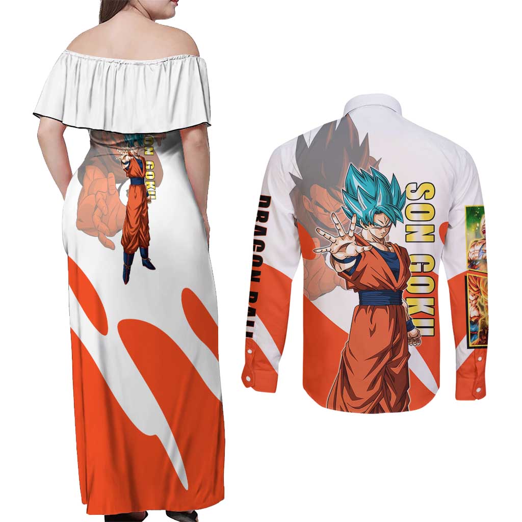 Son Goku Kamehameha Legend Couples Matching Off Shoulder Maxi Dress and Long Sleeve Button Shirt Iconic Anime Battle Style