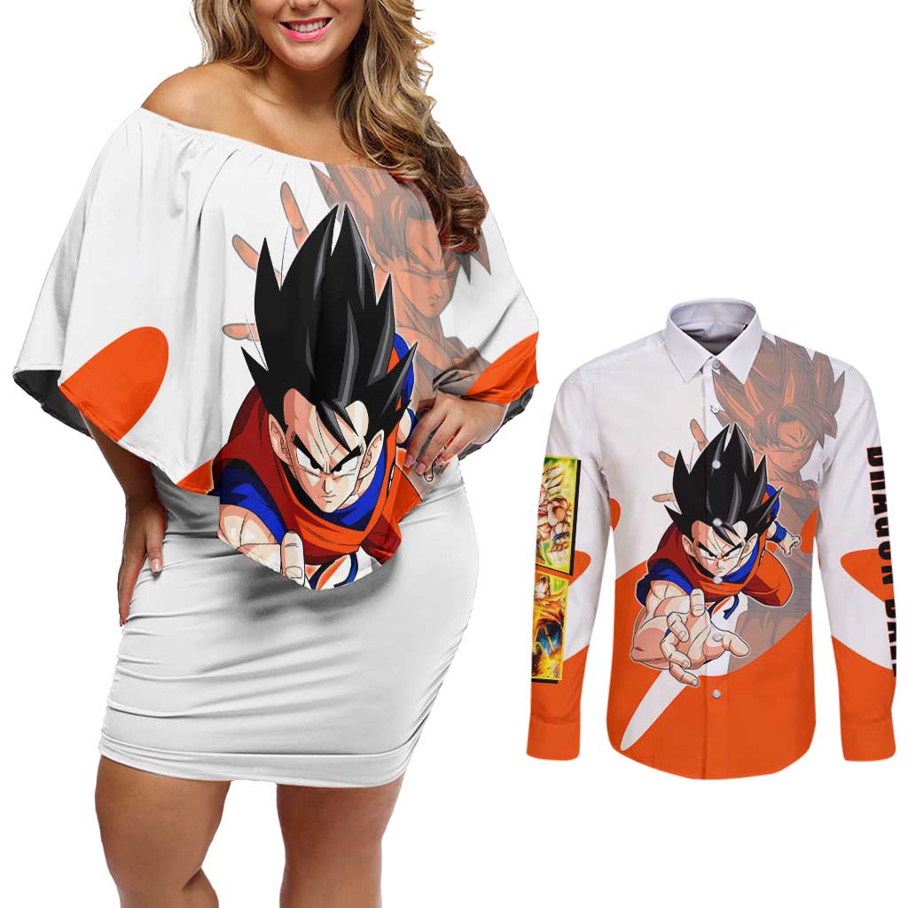 Son Goku Kamehameha Legend Couples Matching Off Shoulder Short Dress and Long Sleeve Button Shirt Iconic Anime Battle Style