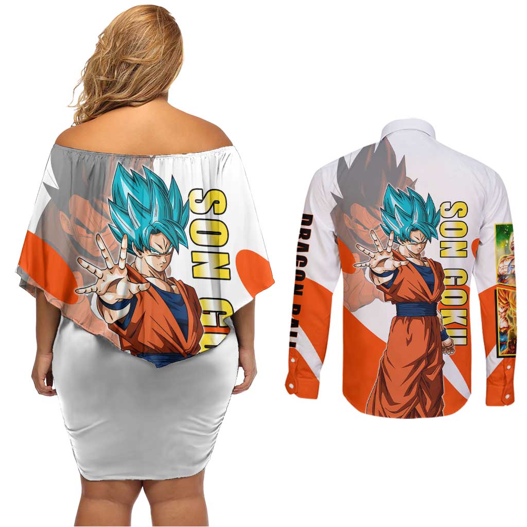 Son Goku Kamehameha Legend Couples Matching Off Shoulder Short Dress and Long Sleeve Button Shirt Iconic Anime Battle Style