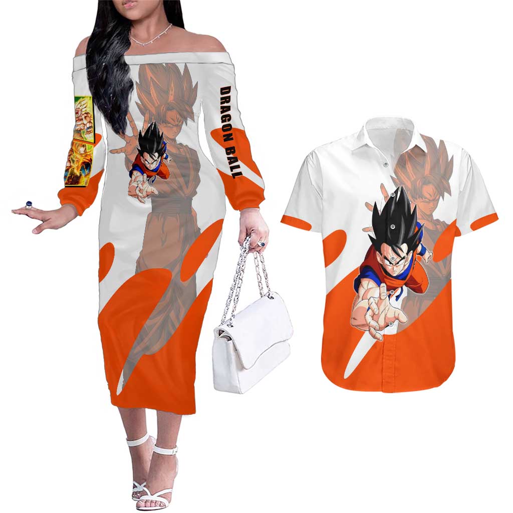 Son Goku Kamehameha Legend Couples Matching Off The Shoulder Long Sleeve Dress and Hawaiian Shirt Iconic Anime Battle Style