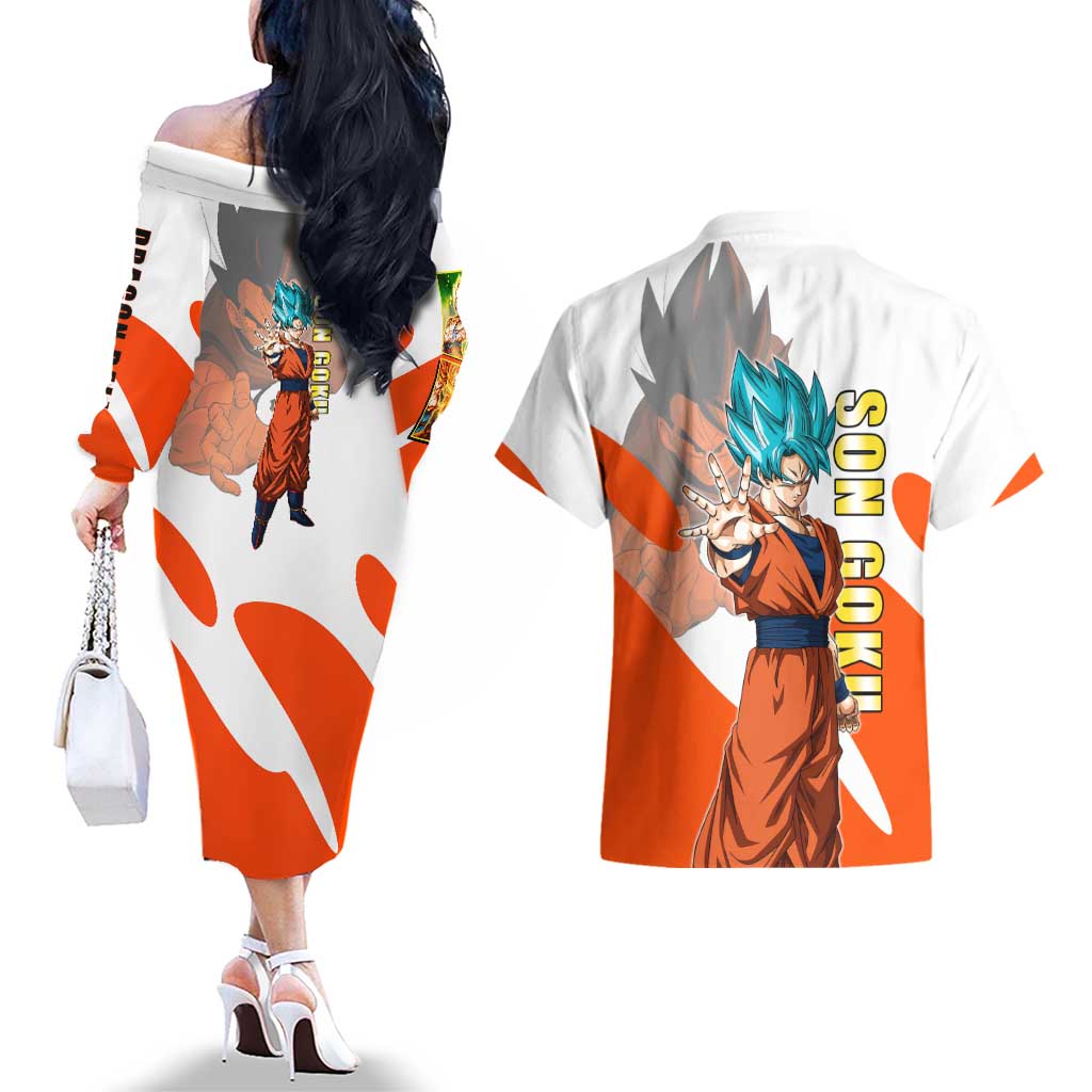 Son Goku Kamehameha Legend Couples Matching Off The Shoulder Long Sleeve Dress and Hawaiian Shirt Iconic Anime Battle Style