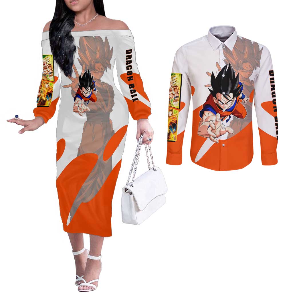 Son Goku Kamehameha Legend Couples Matching Off The Shoulder Long Sleeve Dress and Long Sleeve Button Shirt Iconic Anime Battle Style