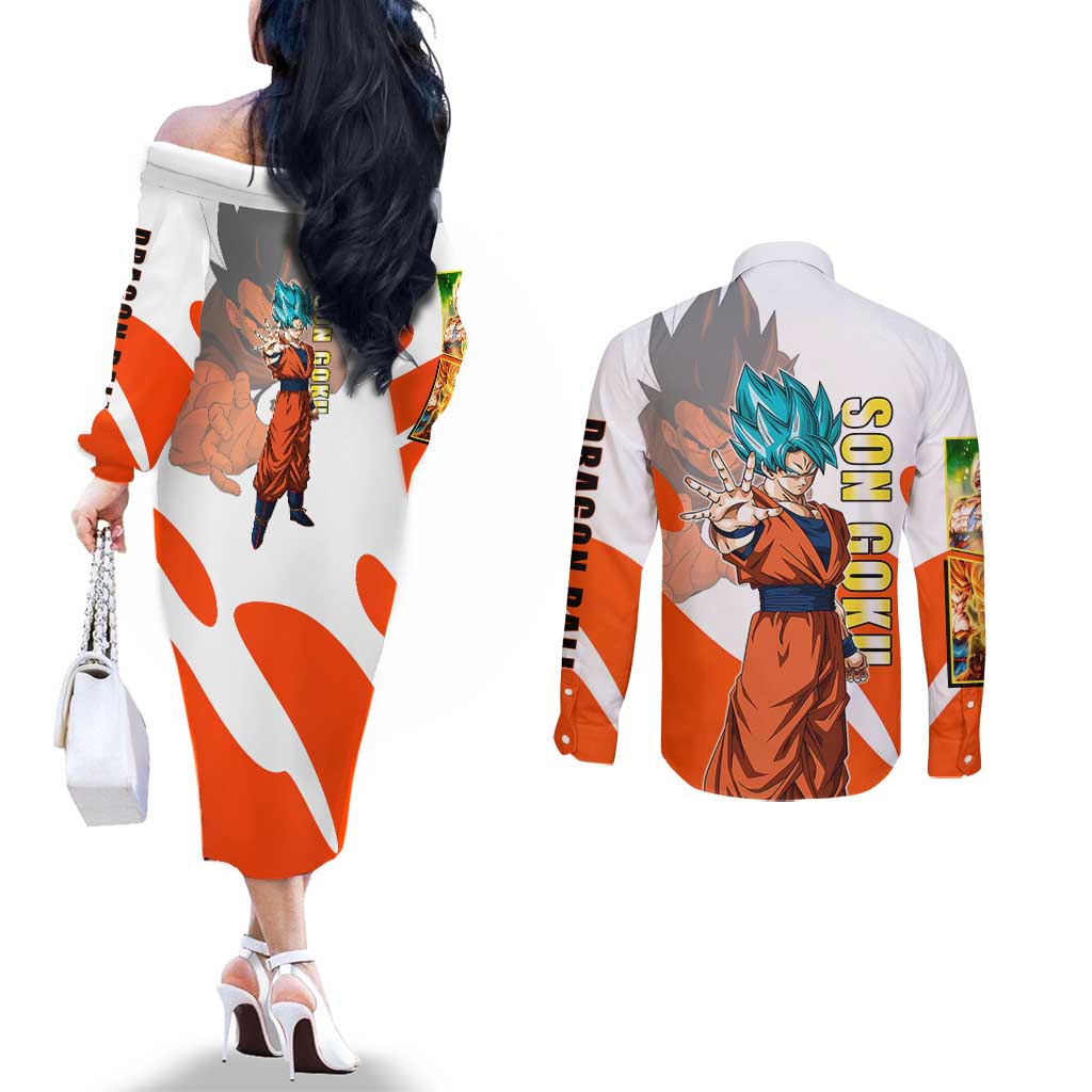 Son Goku Kamehameha Legend Couples Matching Off The Shoulder Long Sleeve Dress and Long Sleeve Button Shirt Iconic Anime Battle Style