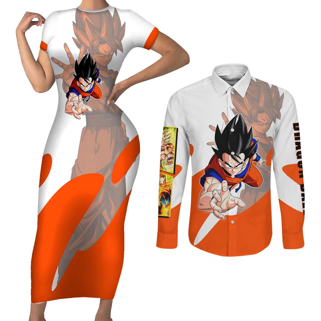 Son Goku Kamehameha Legend Couples Matching Short Sleeve Bodycon Dress and Long Sleeve Button Shirt Iconic Anime Battle Style