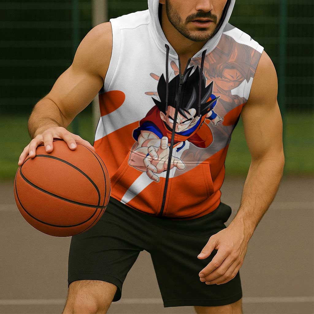 Son Goku Kamehameha Legend Sleeveless Zip Hoodie Iconic Anime Battle Style