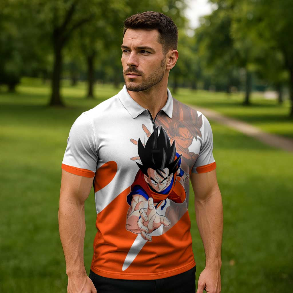 Son Goku Kamehameha Legend Zipper Polo Shirt Iconic Anime Battle Style