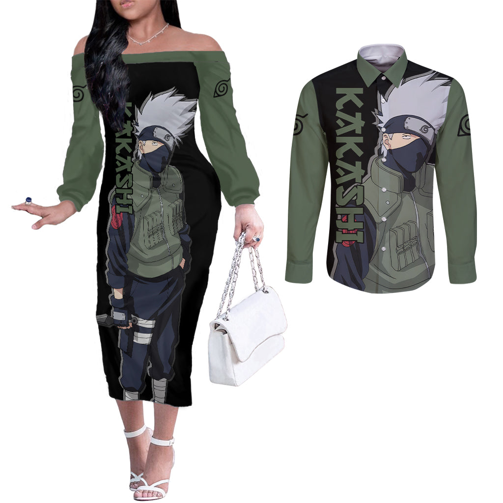 Hatake Kakashi - Sharingan Eyes Couples Matching Off The Shoulder Long Sleeve Dress and Long Sleeve Button Shirt