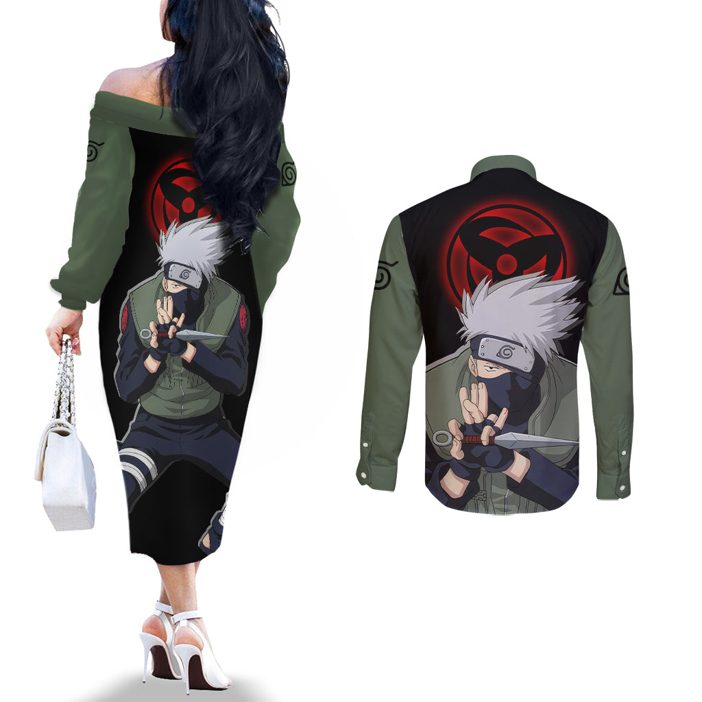 Hatake Kakashi - Sharingan Eyes Couples Matching Off The Shoulder Long Sleeve Dress and Long Sleeve Button Shirt