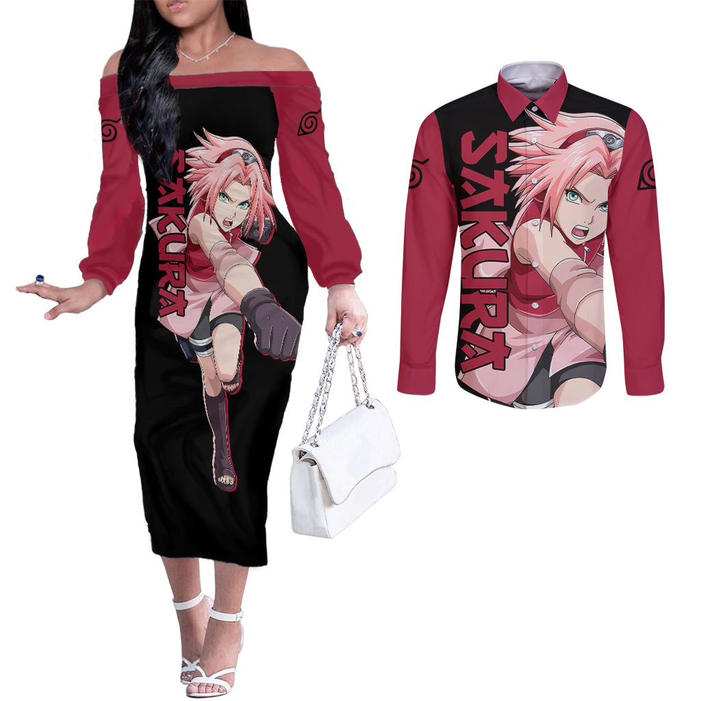Sakura Haruno - Naruto Anime Couples Matching Off The Shoulder Long Sleeve Dress and Long Sleeve Button Shirt