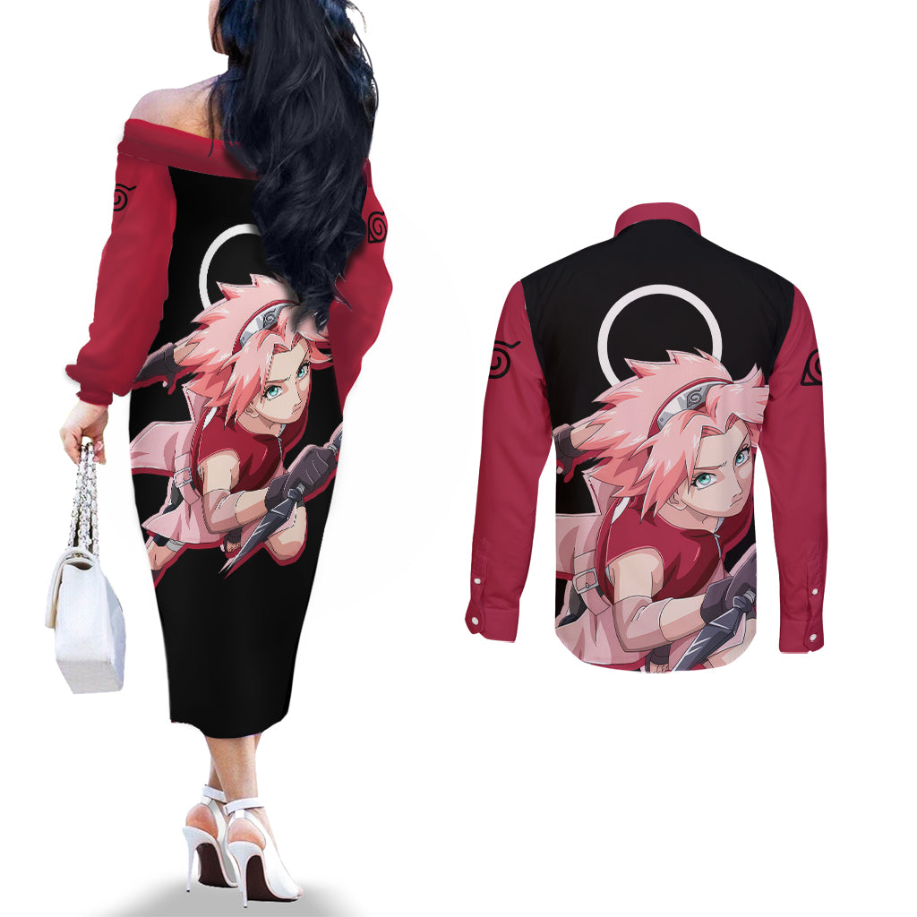 Sakura Haruno - Naruto Anime Couples Matching Off The Shoulder Long Sleeve Dress and Long Sleeve Button Shirt