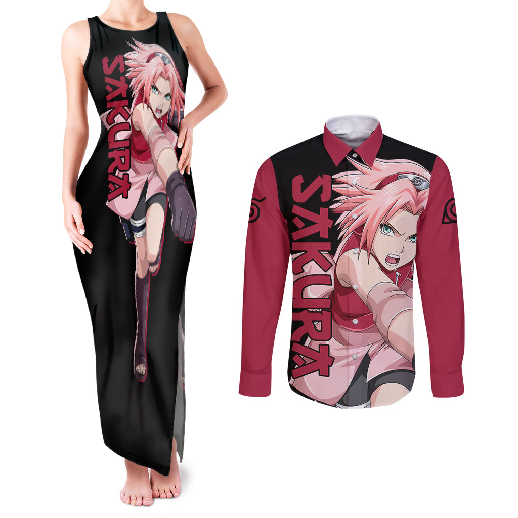 Sakura Haruno - Naruto Anime Couples Matching Tank Maxi Dress and Long Sleeve Button Shirt