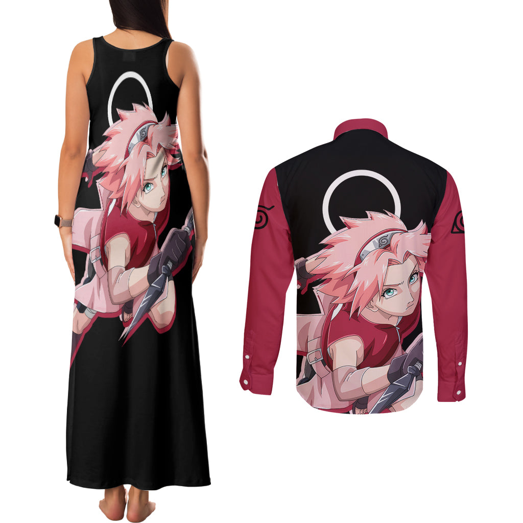 Sakura Haruno - Naruto Anime Couples Matching Tank Maxi Dress and Long Sleeve Button Shirt