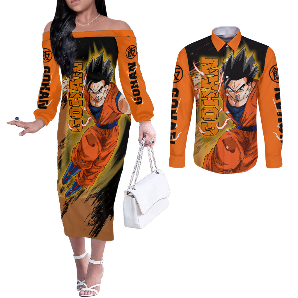 Gohan - Dragon Ball Couples Matching Off The Shoulder Long Sleeve Dress and Long Sleeve Button Shirt
