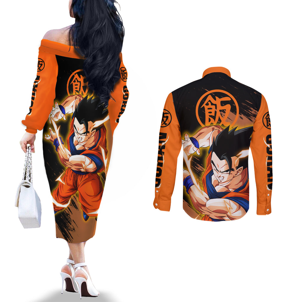Gohan - Dragon Ball Couples Matching Off The Shoulder Long Sleeve Dress and Long Sleeve Button Shirt