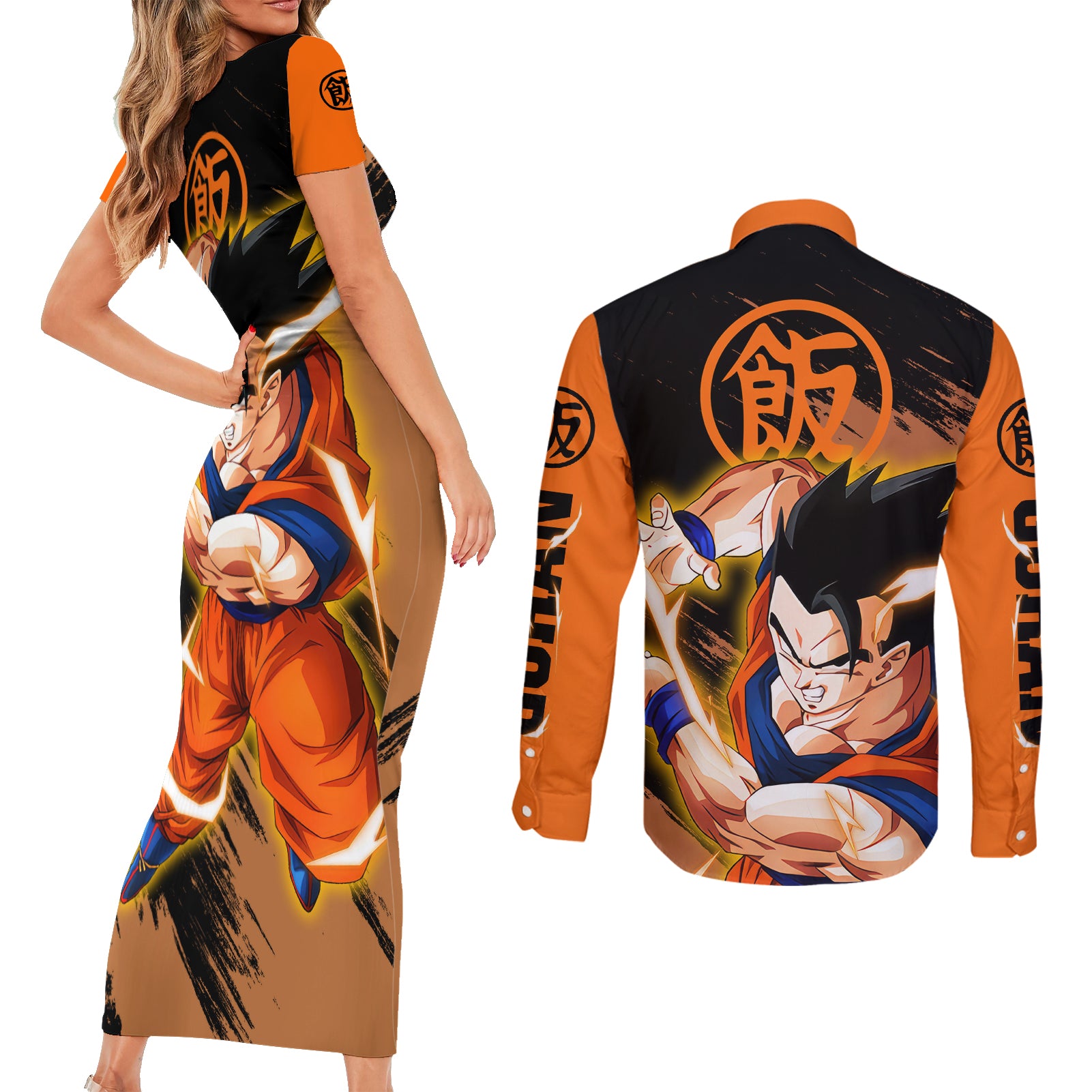 Gohan - Dragon Ball Couples Matching Short Sleeve Bodycon Dress and Long Sleeve Button Shirt
