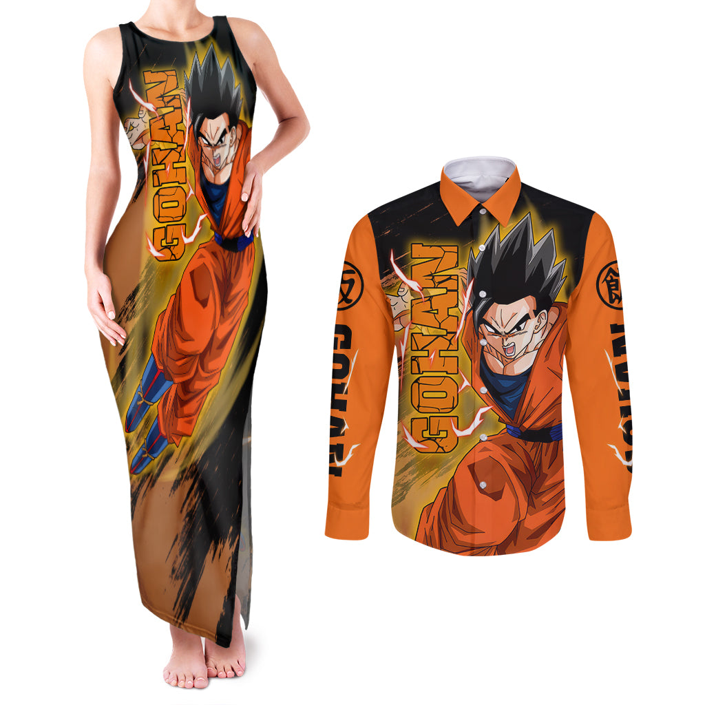 Gohan - Dragon Ball Couples Matching Tank Maxi Dress and Long Sleeve Button Shirt