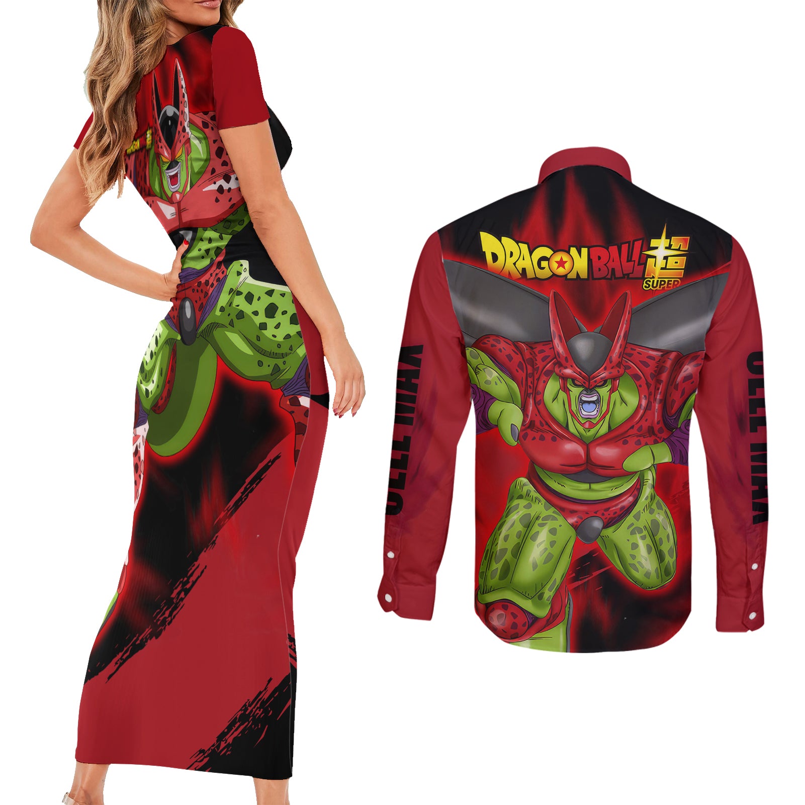 Cell Max Super - Dragon Ball Couples Matching Short Sleeve Bodycon Dress and Long Sleeve Button Shirt