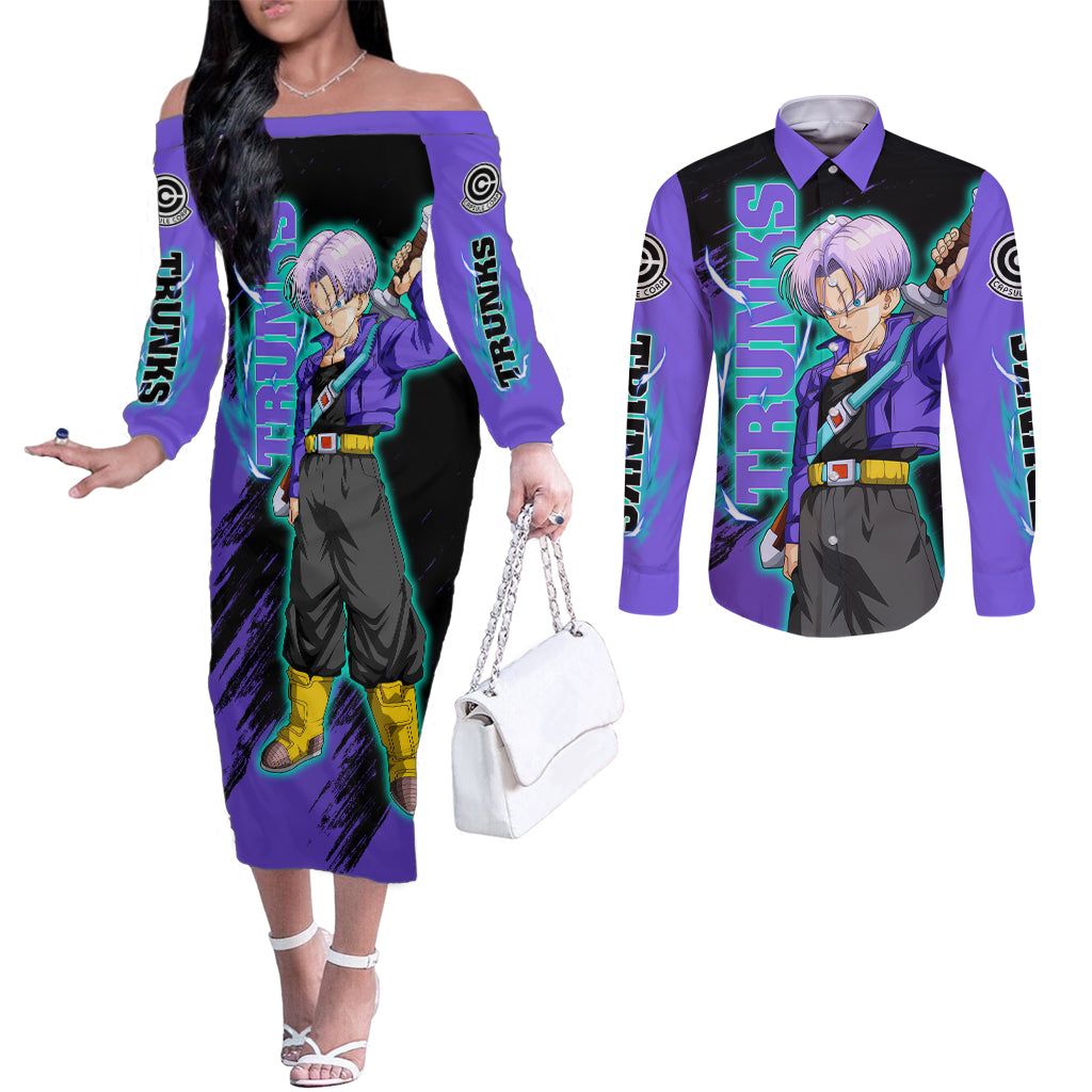 Future Trunks - Dragon Ball Couples Matching Off The Shoulder Long Sleeve Dress and Long Sleeve Button Shirt