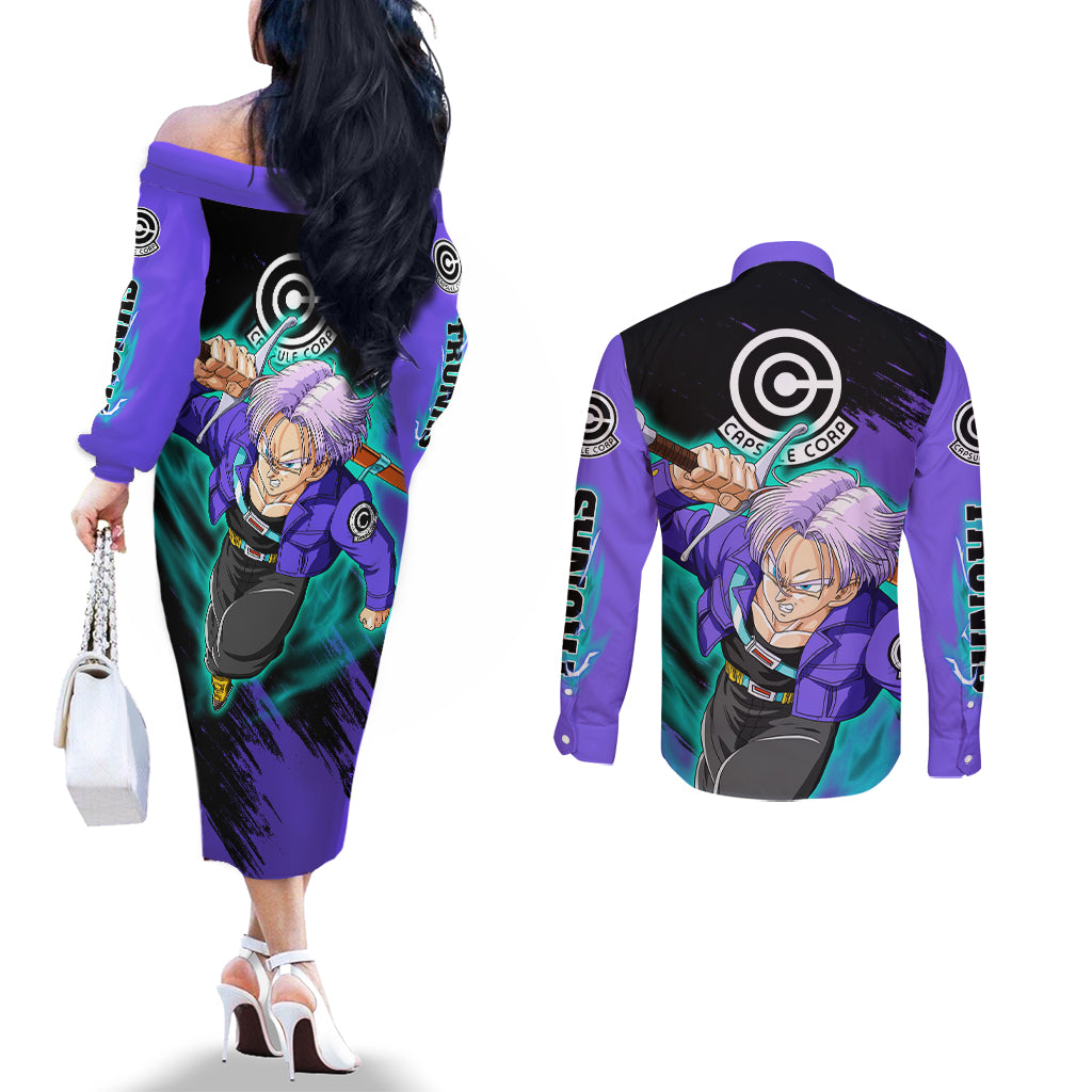 Future Trunks - Dragon Ball Couples Matching Off The Shoulder Long Sleeve Dress and Long Sleeve Button Shirt