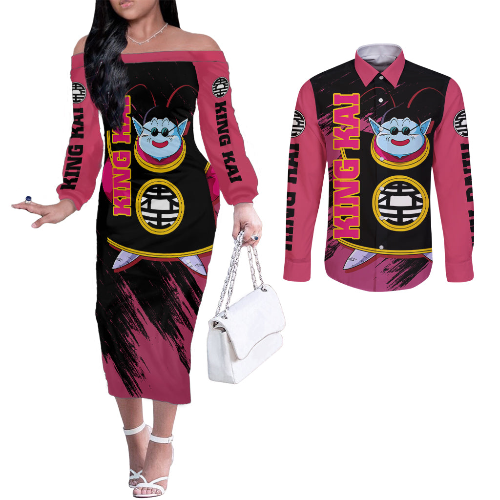 King Kai - Dragon Ball Couples Matching Off The Shoulder Long Sleeve Dress and Long Sleeve Button Shirt