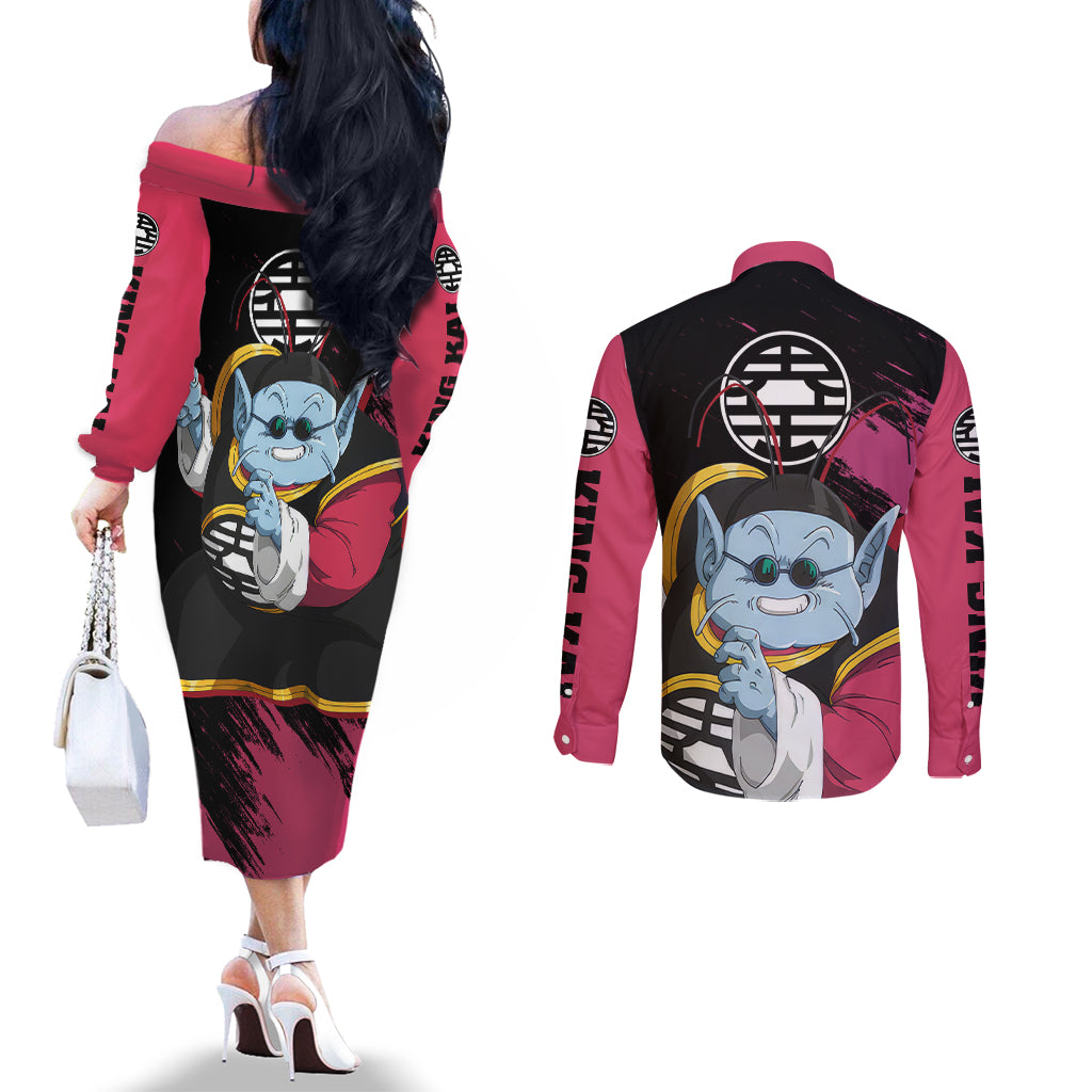 King Kai - Dragon Ball Couples Matching Off The Shoulder Long Sleeve Dress and Long Sleeve Button Shirt