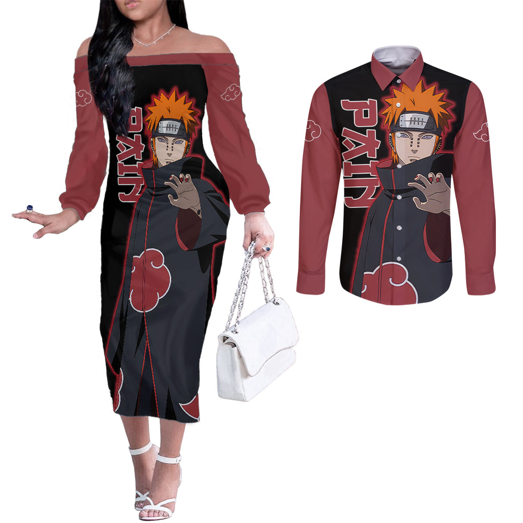 Pain Akatsuki - Naruto Anime Couples Matching Off The Shoulder Long Sleeve Dress and Long Sleeve Button Shirt