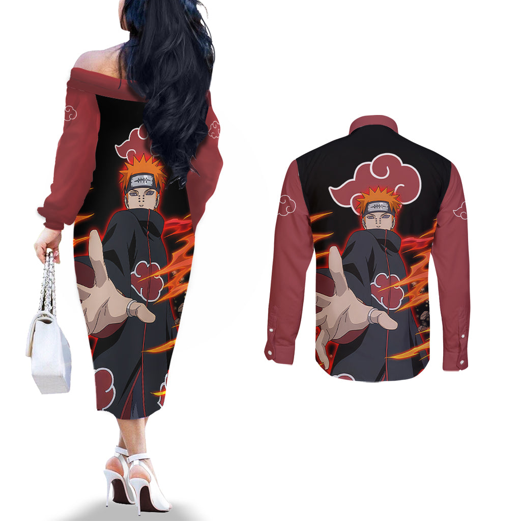 Pain Akatsuki - Naruto Anime Couples Matching Off The Shoulder Long Sleeve Dress and Long Sleeve Button Shirt