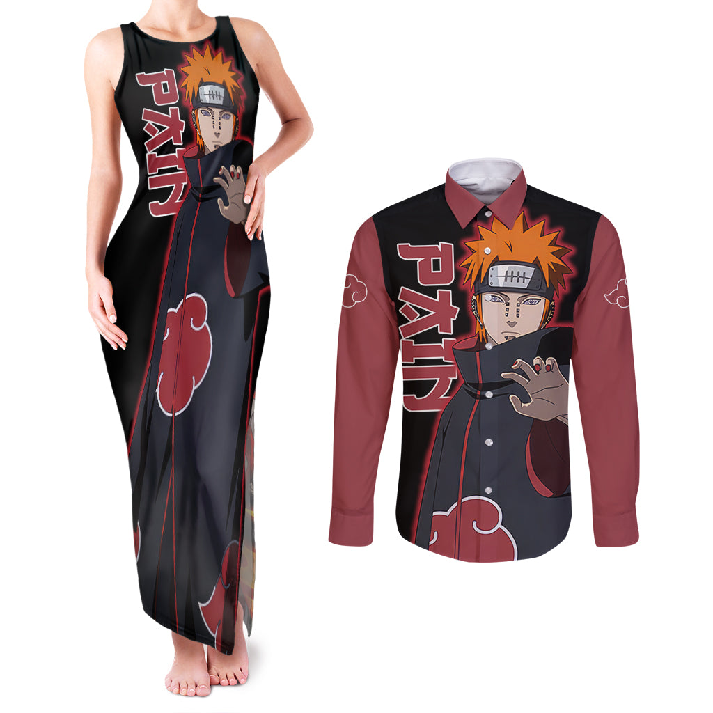 Pain Akatsuki - Naruto Anime Couples Matching Tank Maxi Dress and Long Sleeve Button Shirt