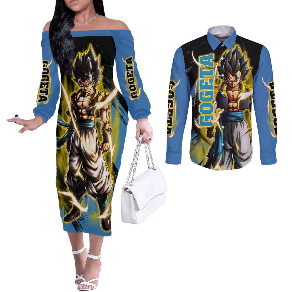 Gogeta - Dargon Ball Couples Matching Off The Shoulder Long Sleeve Dress and Long Sleeve Button Shirt