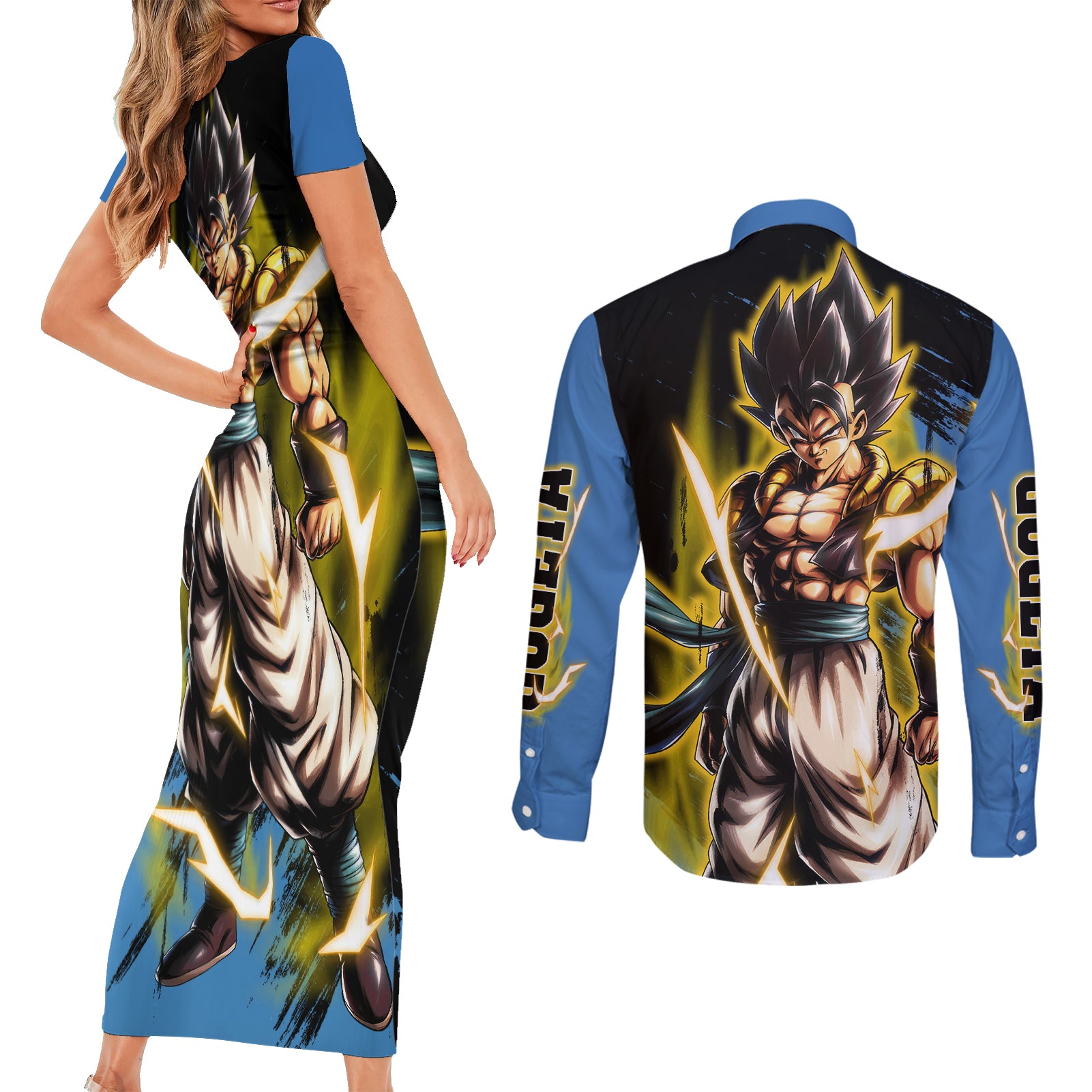 Gogeta - Dargon Ball Couples Matching Short Sleeve Bodycon Dress and Long Sleeve Button Shirt