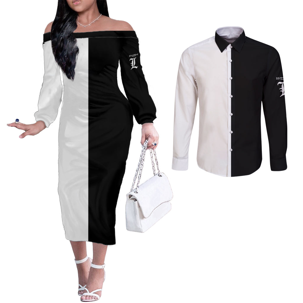 L Lawliet Couples Matching Off The Shoulder Long Sleeve Dress and Long Sleeve Button Shirt