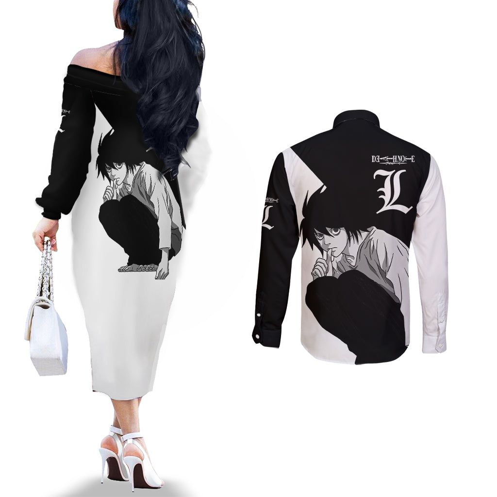 L Lawliet Couples Matching Off The Shoulder Long Sleeve Dress and Long Sleeve Button Shirt