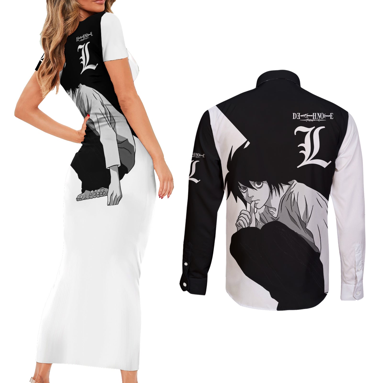 L Lawliet Couples Matching Short Sleeve Bodycon Dress and Long Sleeve Button Shirt